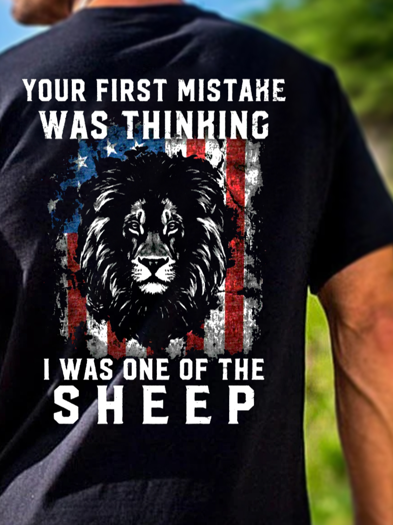 Lion American Flag Print Crew Neck Short Sleeve T-Shirt