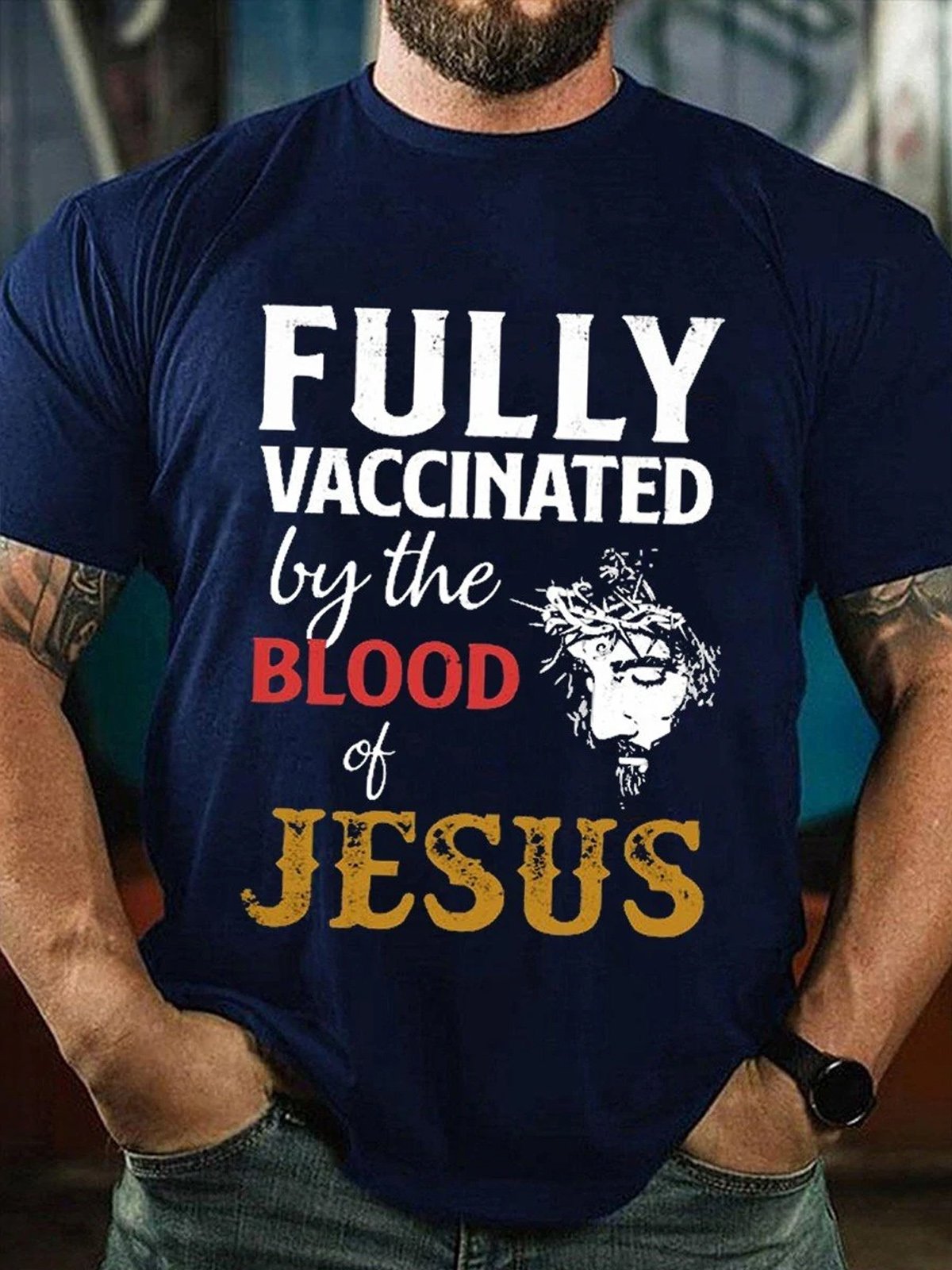 Fully Vaccinated By The Blood Of Jesus Casual Short Sleeve Crew Neck Short sleeve T-shirt