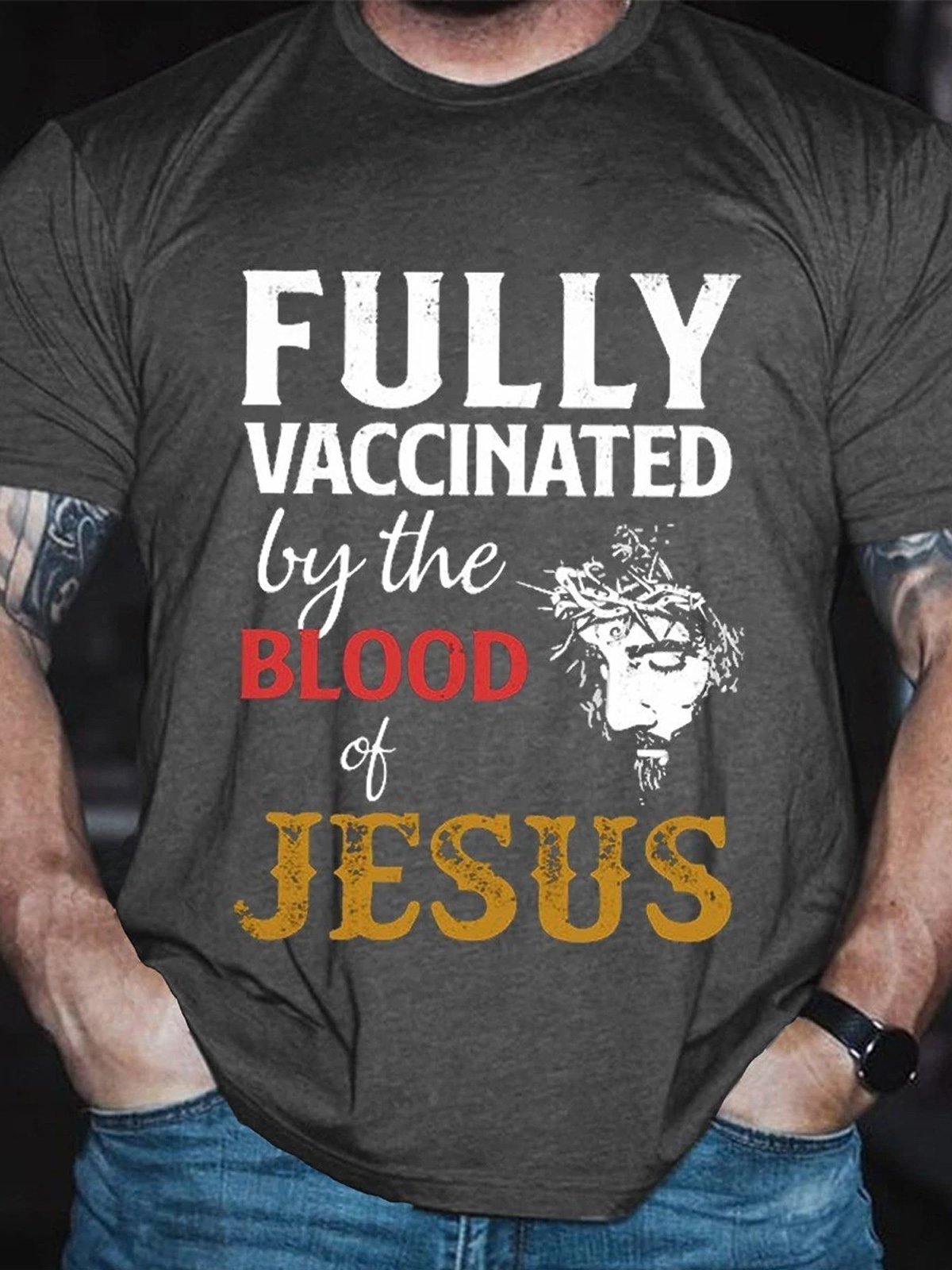 Fully Vaccinated By The Blood Of Jesus Casual Short Sleeve Crew Neck Short sleeve T-shirt