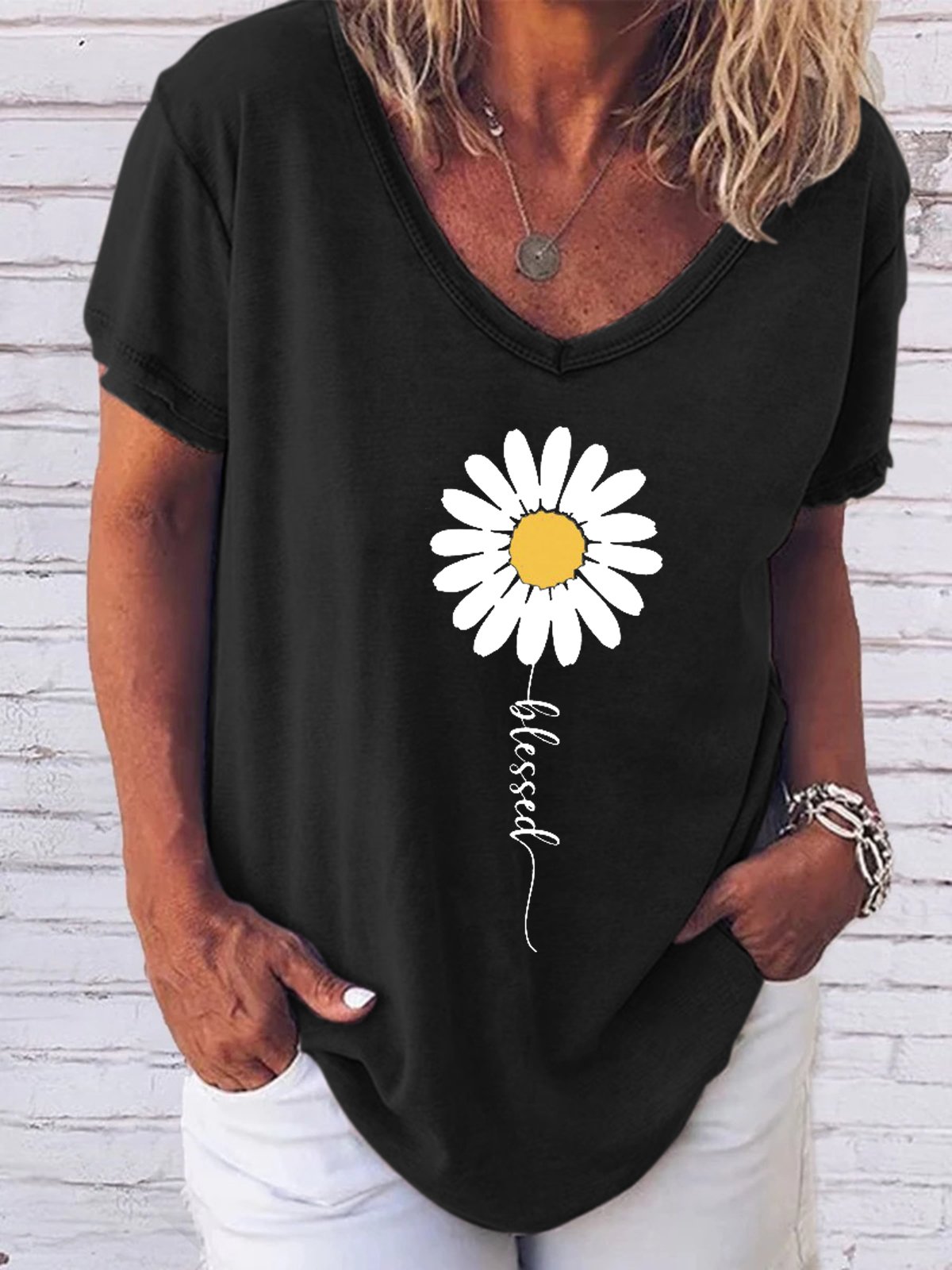 Be Kind Flower Daisy V Neck Boho Floral Short sleeve tops