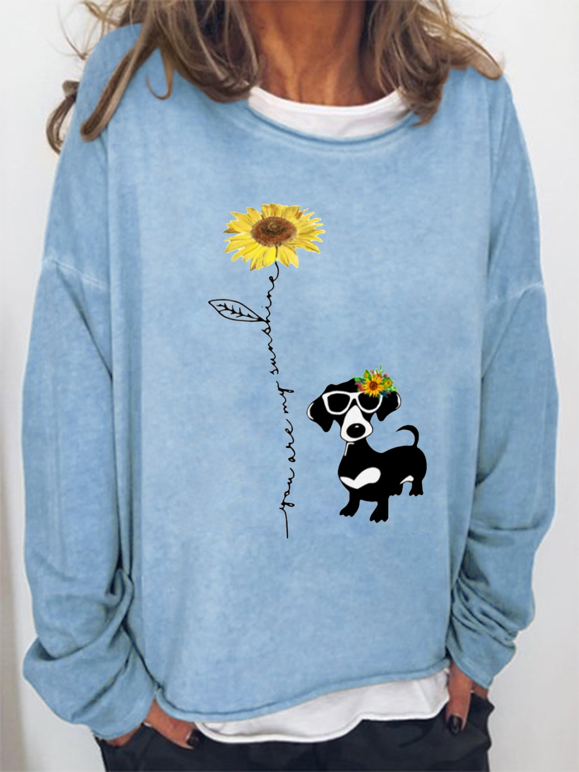 Sunflower Dog Print Round Neck Long Sleeve Sweatshirt