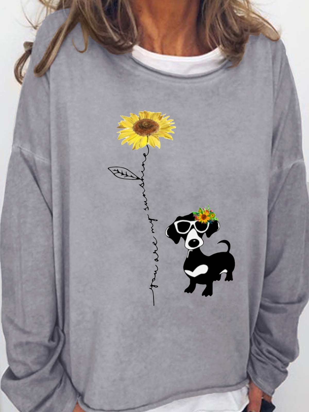 Sunflower Dog Print Round Neck Long Sleeve Sweatshirt