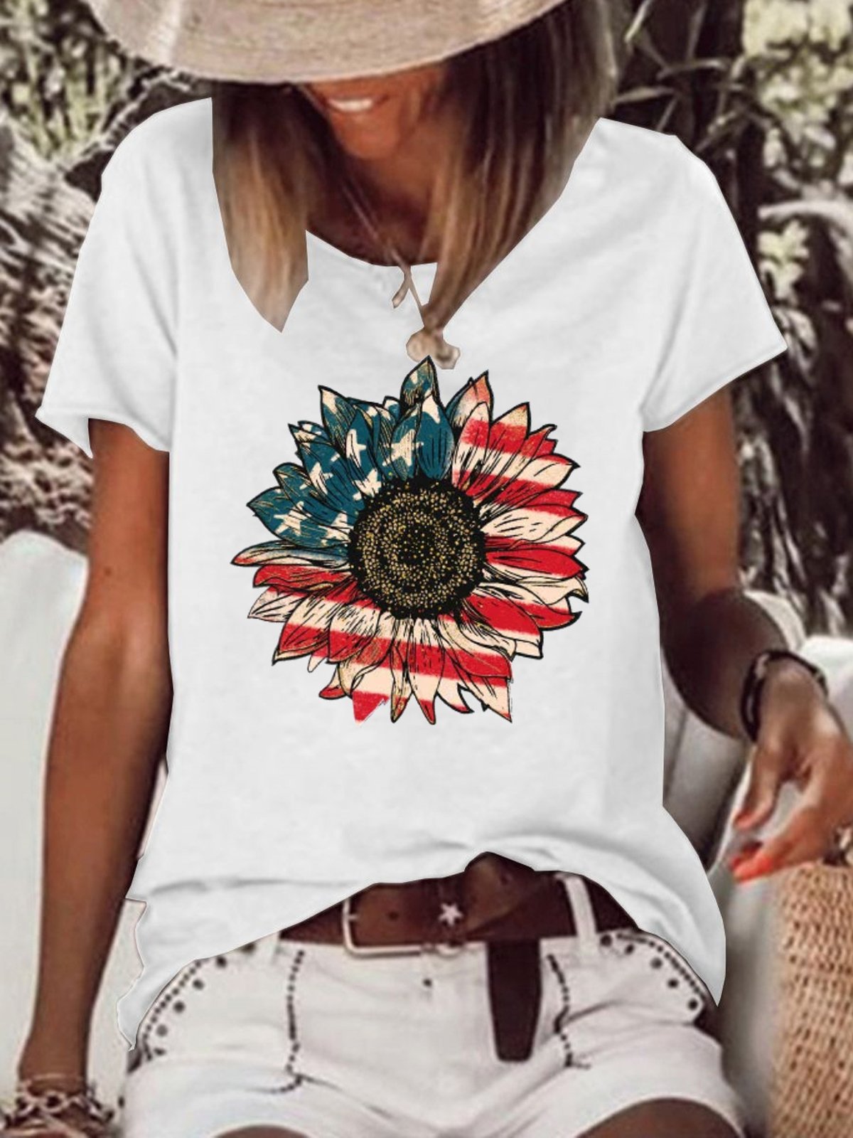 America Sunflower Letter Short sleeve tops