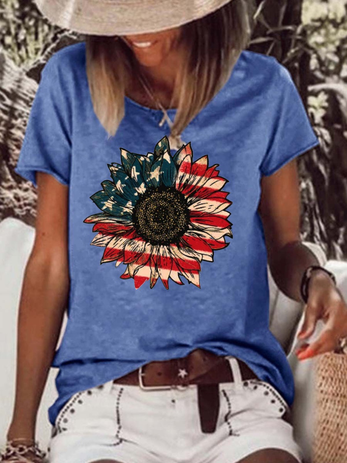 America Sunflower Letter Short sleeve tops