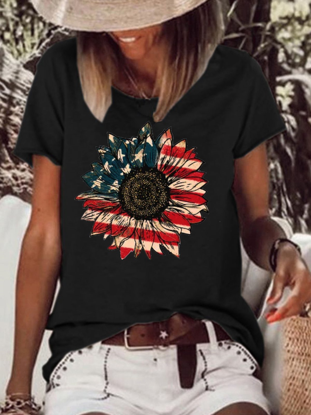 America Sunflower Letter Short sleeve tops