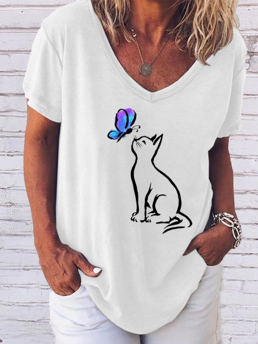 Butterfly Cat Print V-Neck Short Sleeve T-Shirt