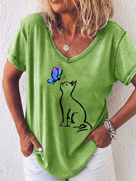 Butterfly Cat Print V-Neck Short Sleeve T-Shirt