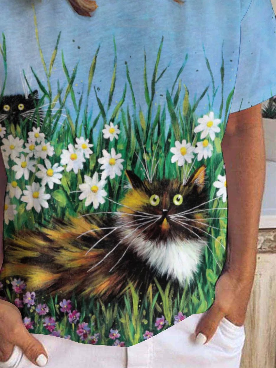 Daisy and Cat Print Crew Neck Short Sleeve T-Shirt