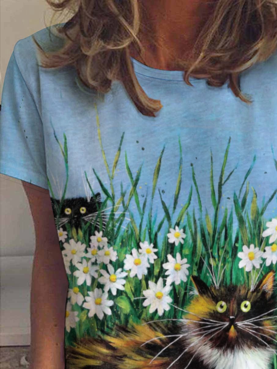 Daisy and Cat Print Crew Neck Short Sleeve T-Shirt