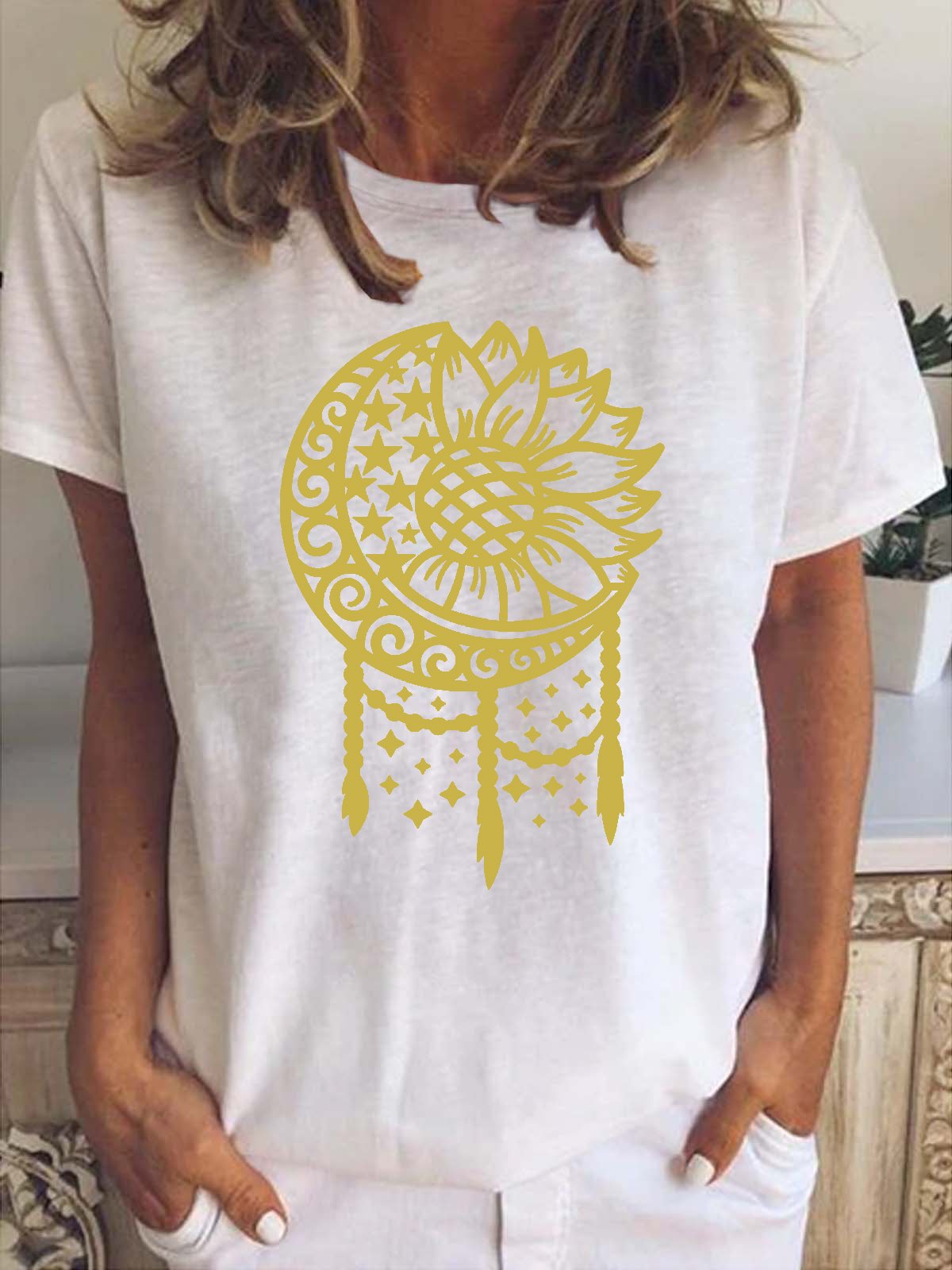 Sunflower Print Crew Neck Short Sleeve T-Shirt