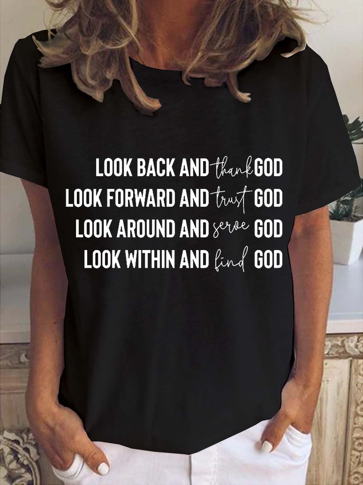 Look Back And Thank God Letter Casual Short Sleeve T-shirt