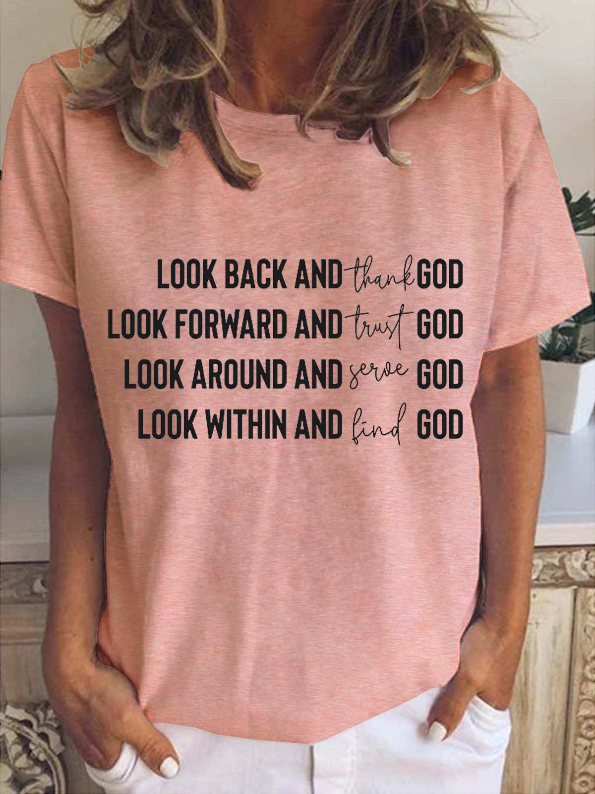 Look Back And Thank God Letter Casual Short Sleeve T-shirt