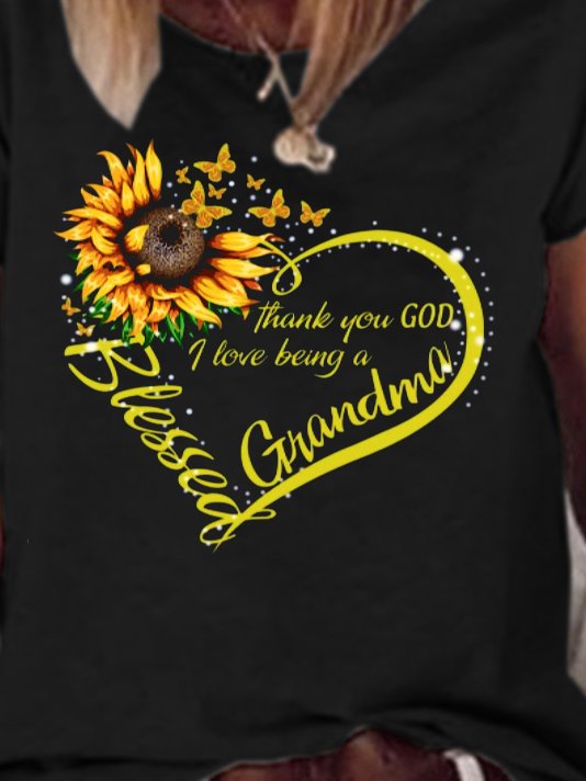 Blessed Grandma Sunflower Print Crew Neck Short Sleeve T-Shirt