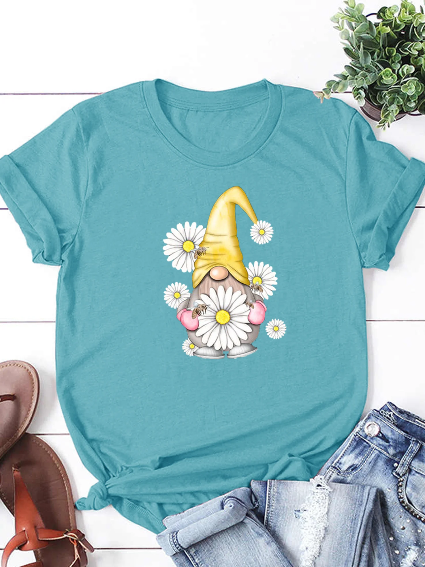 Gnome With Daisy Funny Print Shirt&Tops