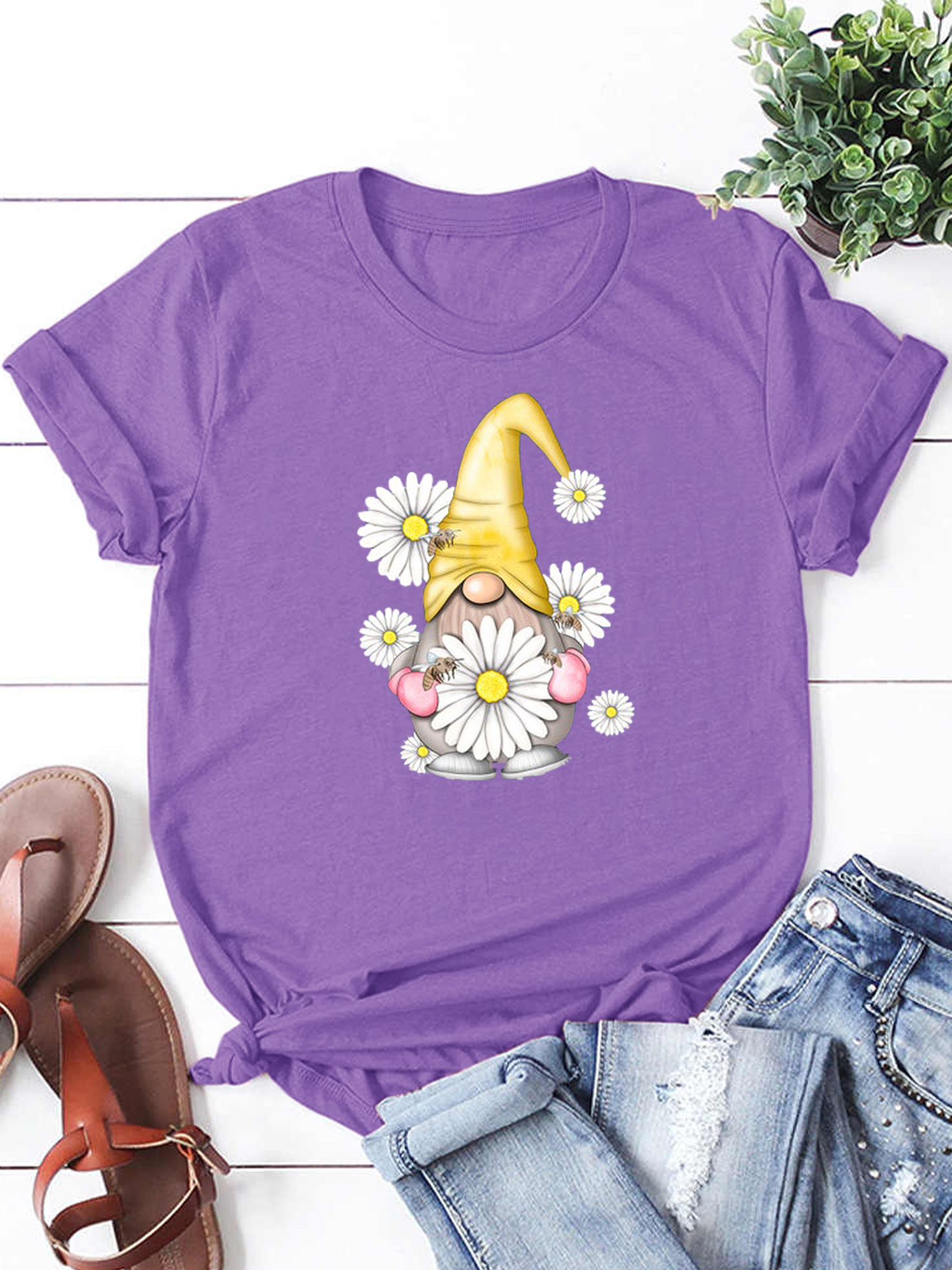 Gnome With Daisy Funny Print Shirt&Tops