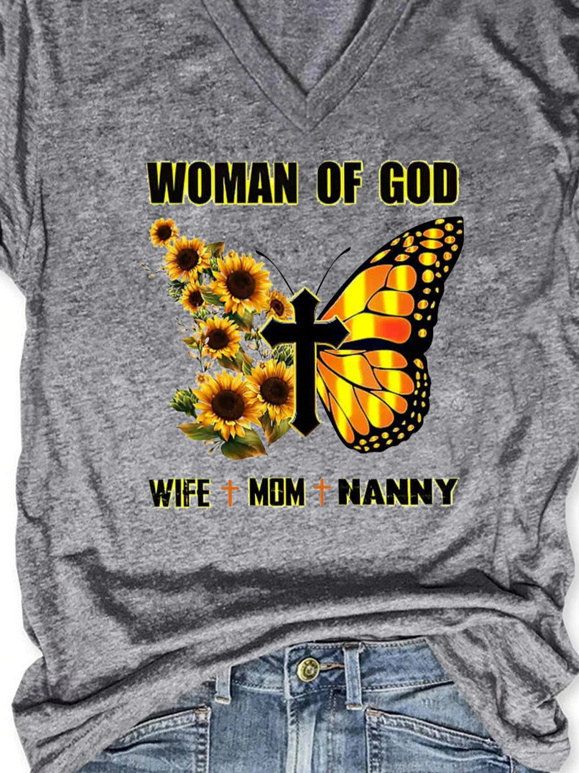 Woman Of God Wife&Mom&Nanny Sunflower Butterfly Shirts&Tops