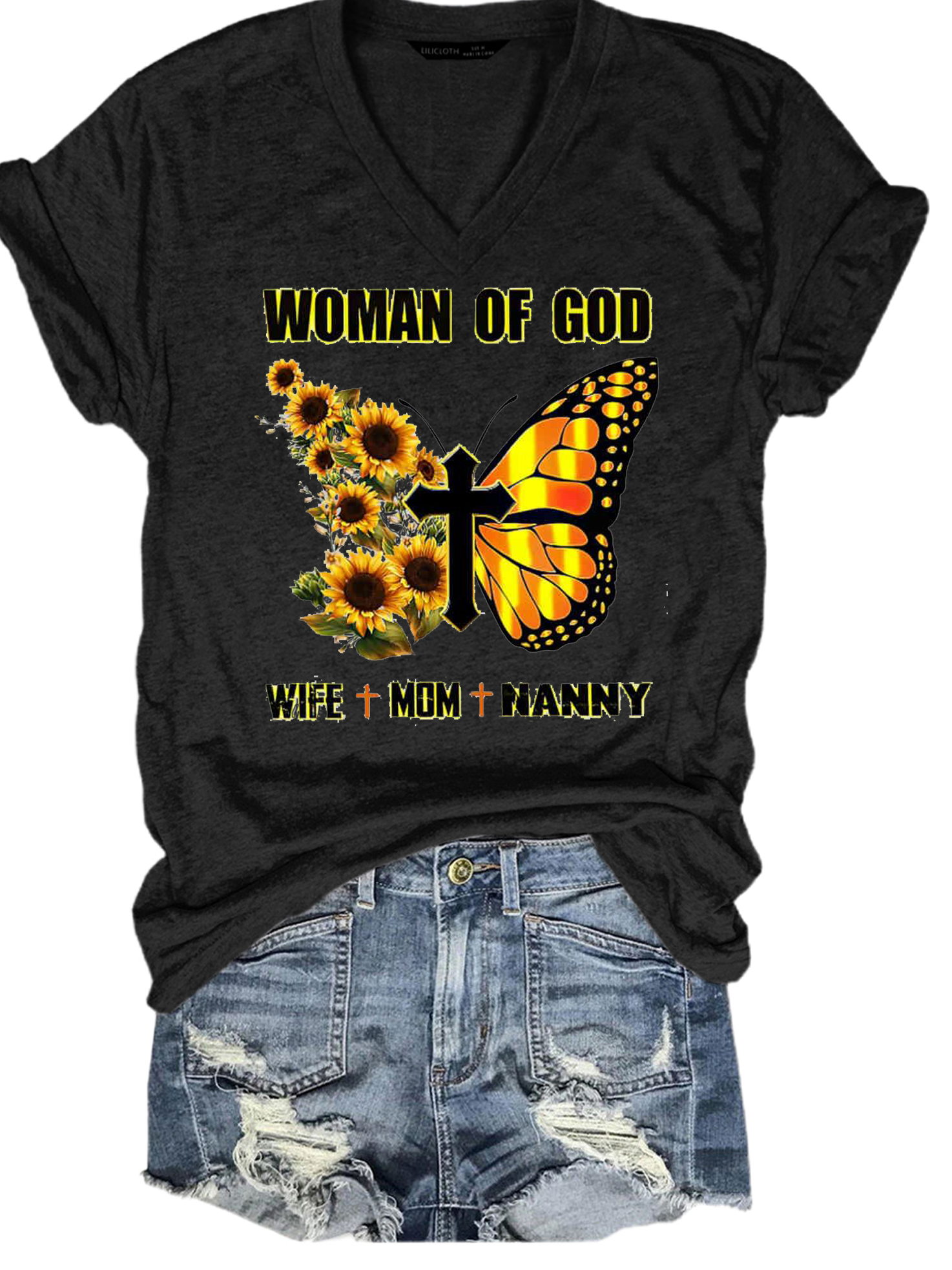 Woman Of God Wife&Mom&Nanny Sunflower Butterfly Shirts&Tops