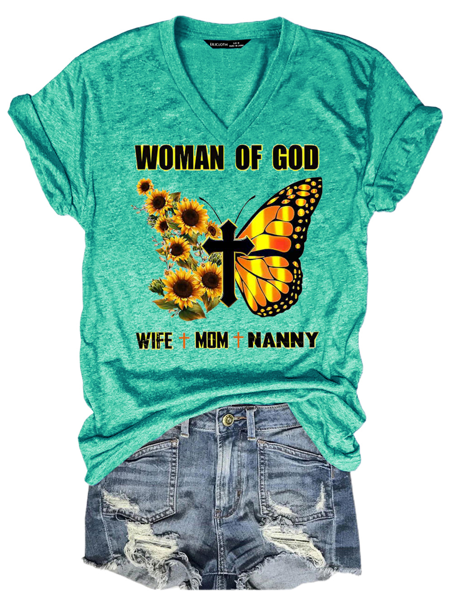 Woman Of God Wife&Mom&Nanny Sunflower Butterfly Shirts&Tops