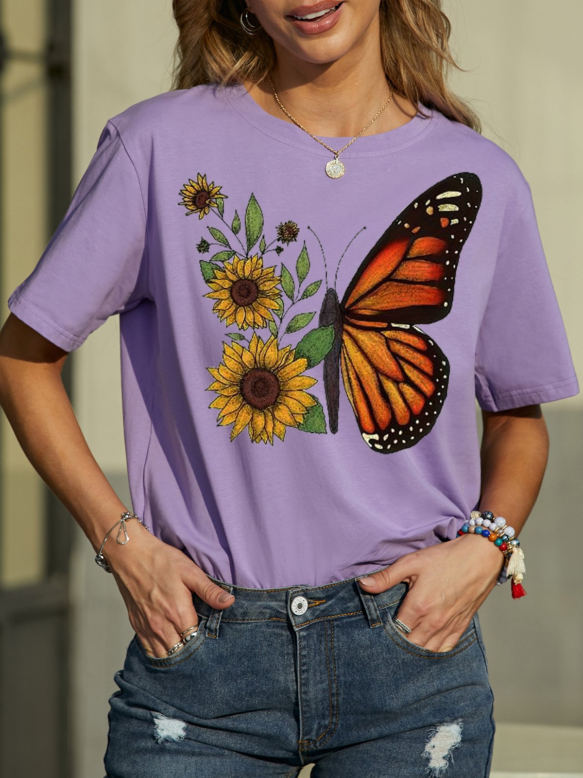 Sunflower And Butterfly Women's Short sleeve tops