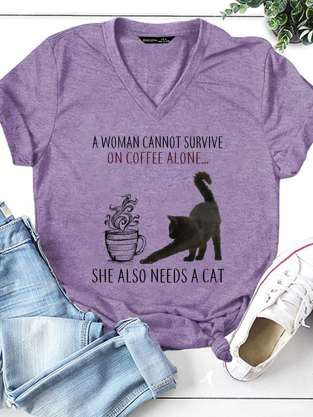 Funny Coffee And Cat Lover V Neck Casual Short Sleeve T-Shirt