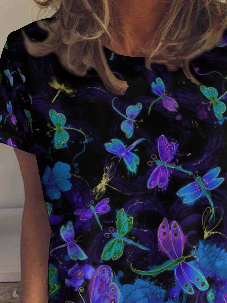 Casual Dragonfly Floral Print Crew Neck T-Shirt