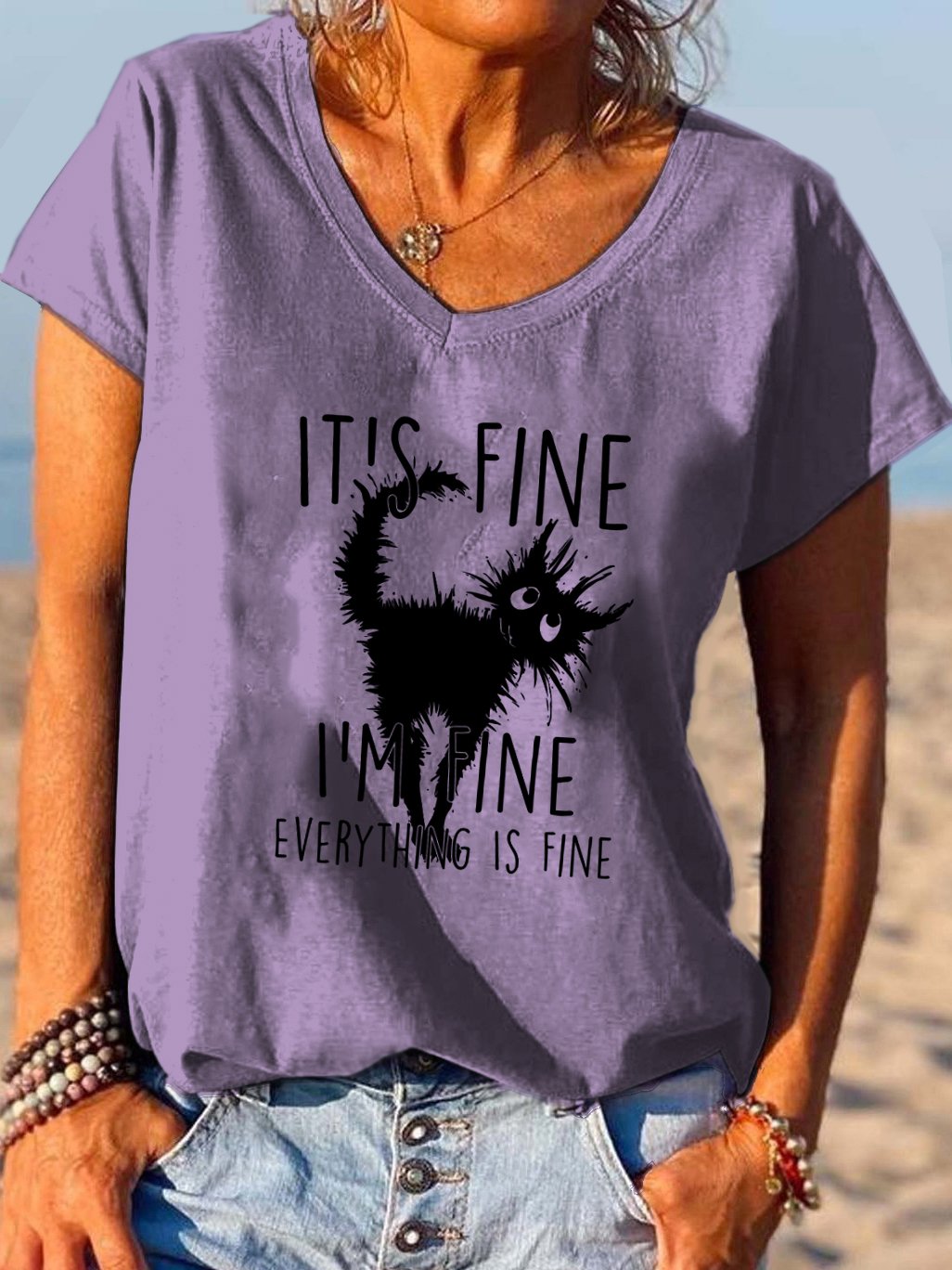 It's Fine I'm Fine Everthing Is Fine Cat Print T-shirt