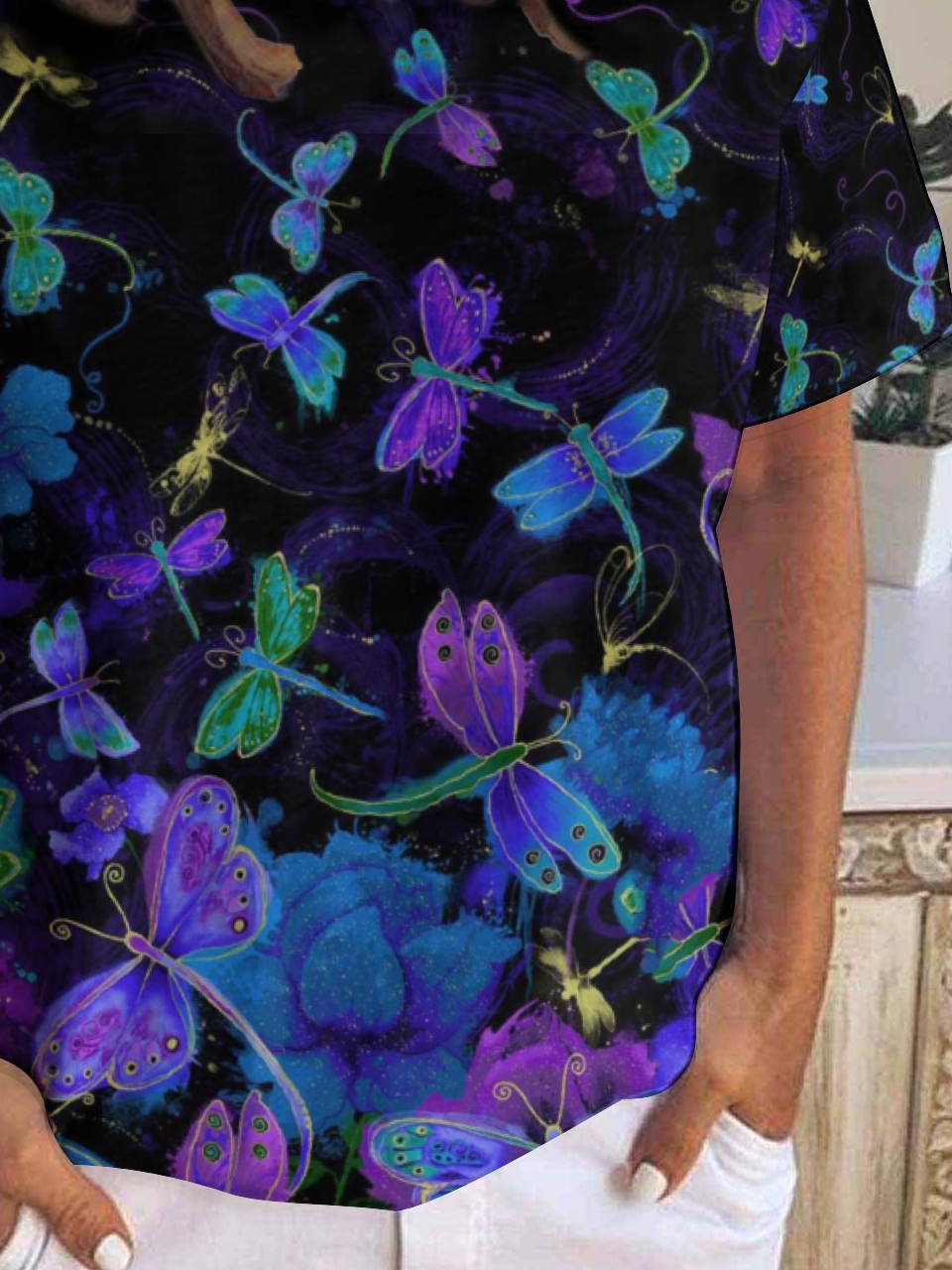 Casual Dragonfly Floral Print Crew Neck T-Shirt