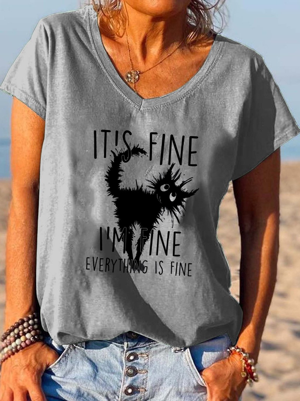 It's Fine I'm Fine Everthing Is Fine Cat Print T-shirt