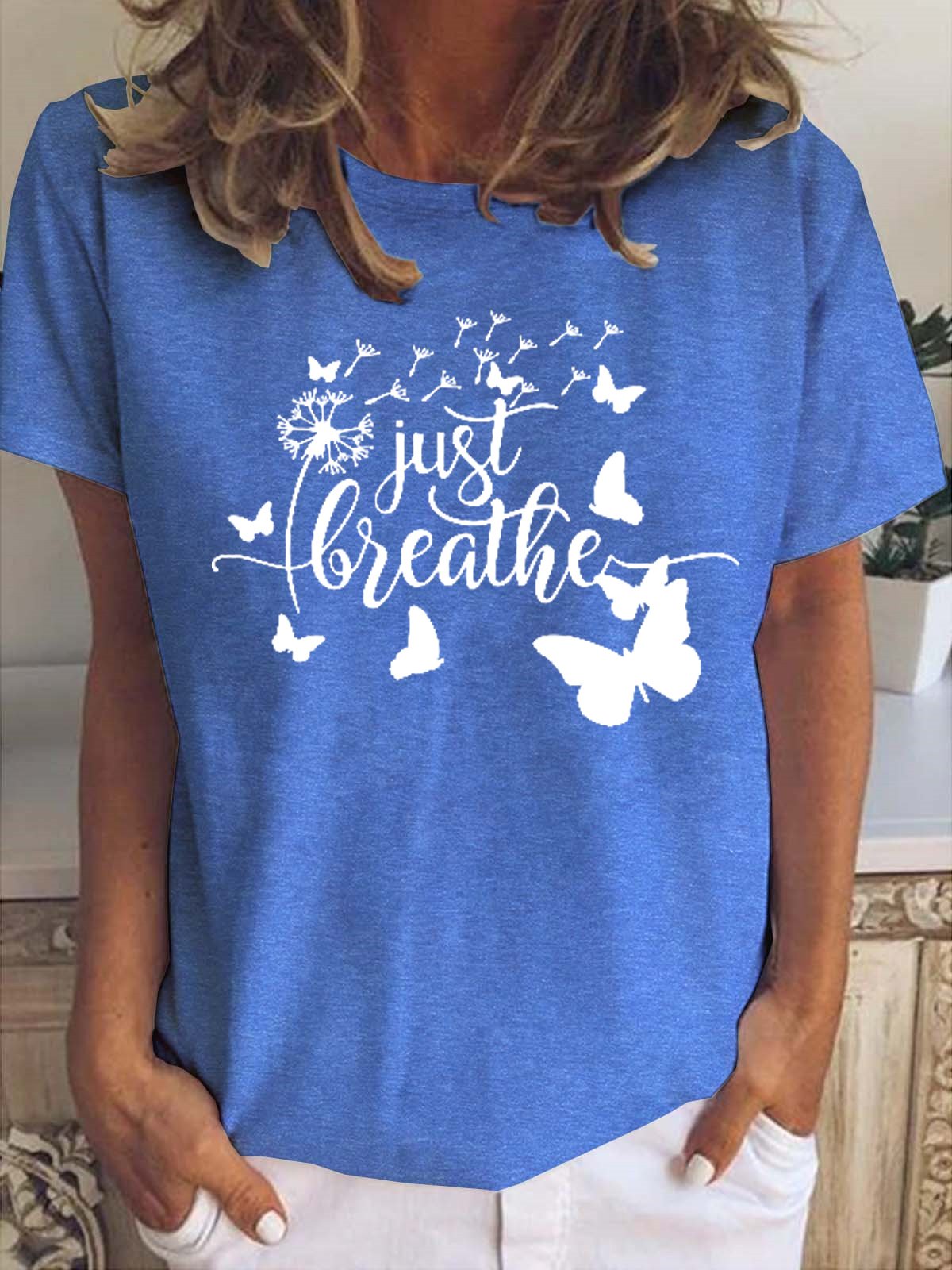 Just Breathe Letter Short Sleeve Tops