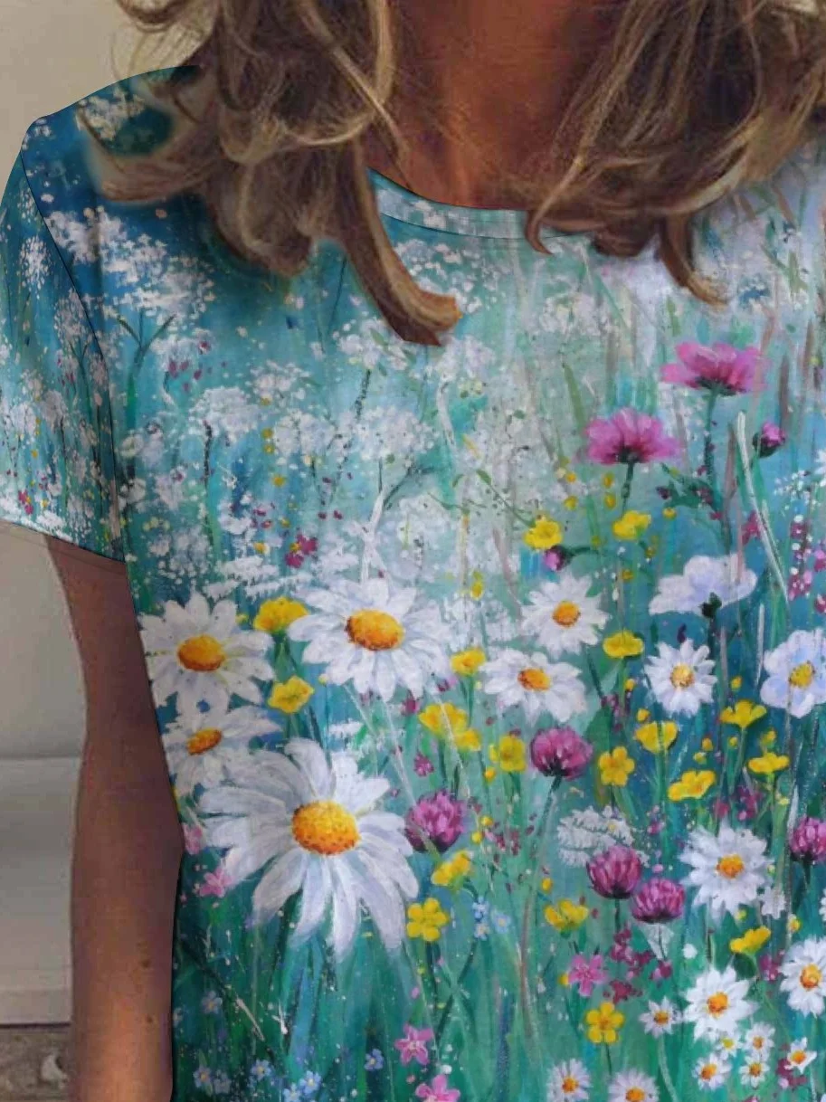 Casual Botanical Floral Print Crew Neck T-Shirt