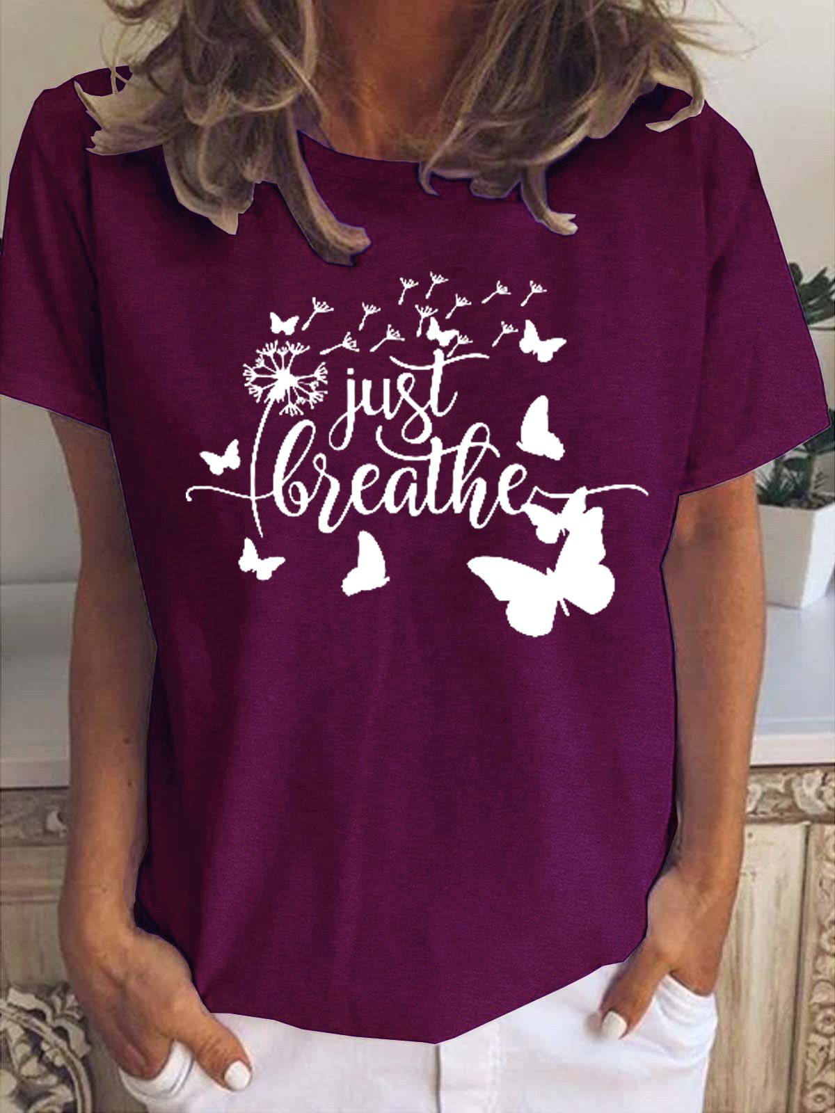 Just Breathe Letter Short Sleeve Tops