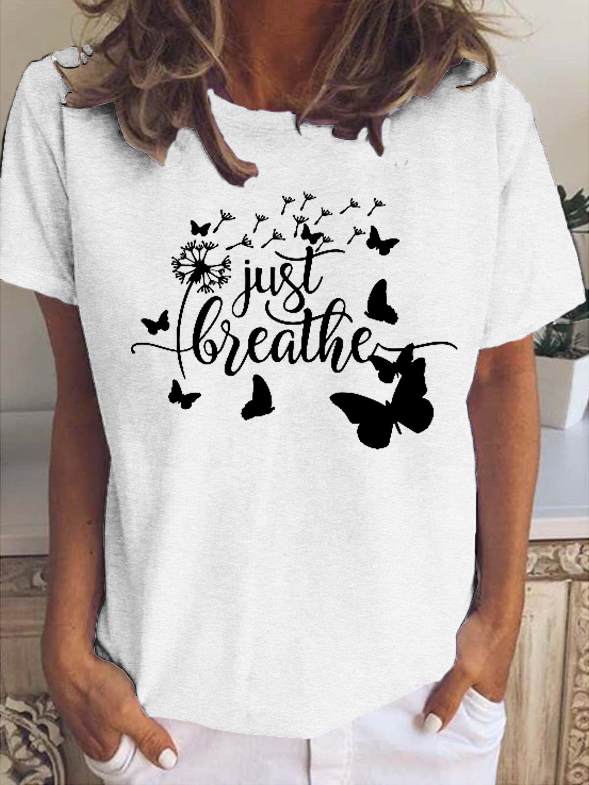 Just Breathe Letter Short Sleeve Tops