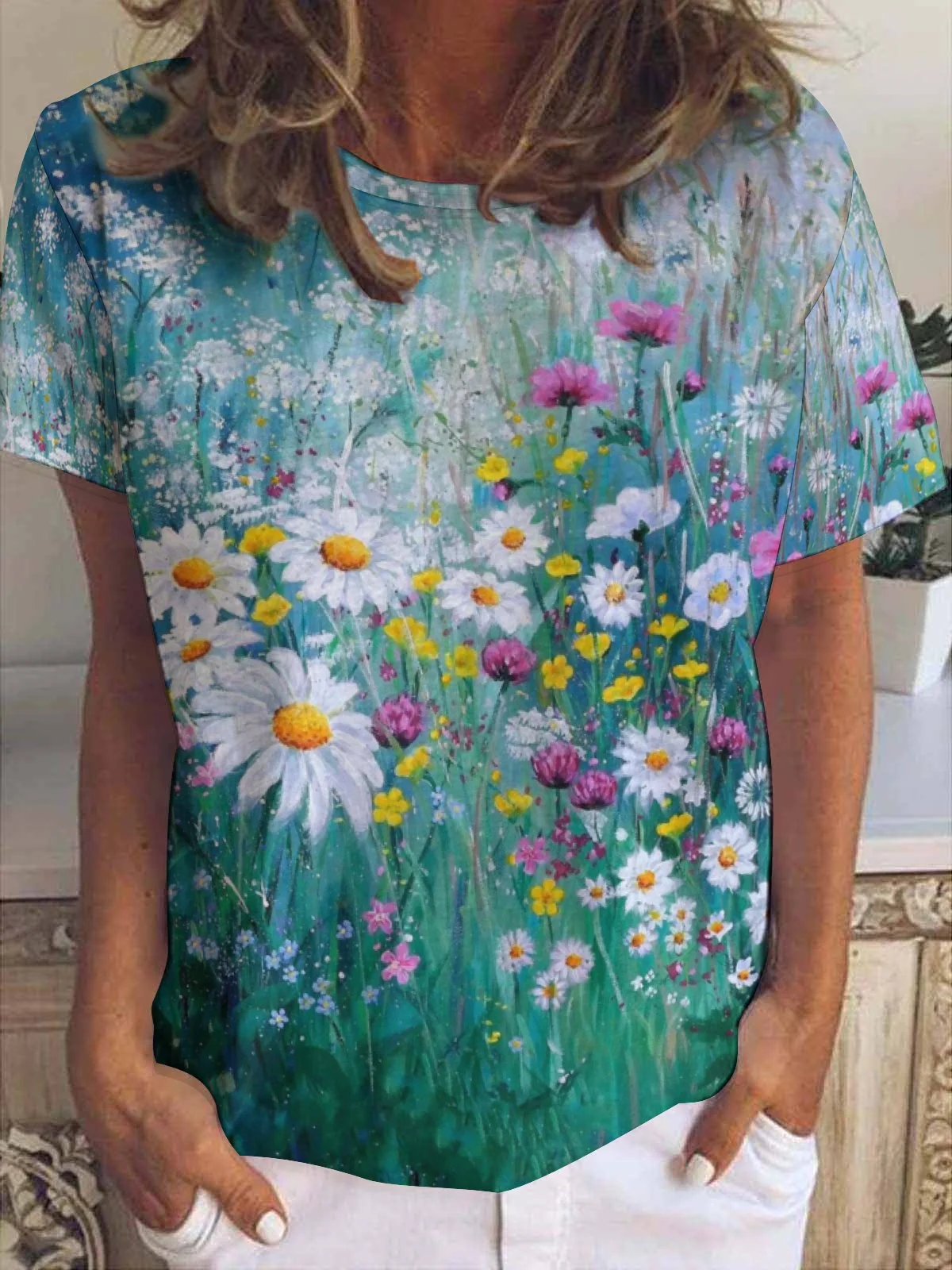 Casual Botanical Floral Print Crew Neck T-Shirt