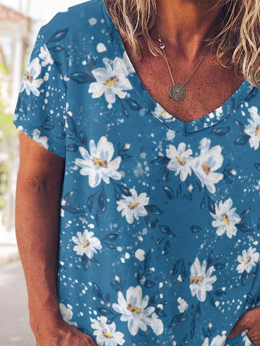 Casual Floral Print V-Neck Short Sleeve T-Shirt