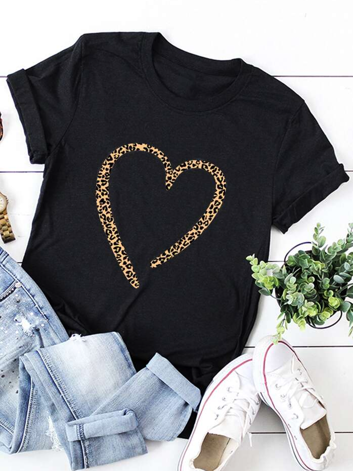 Leopard Heart Print Short Sleeve T-Shirt