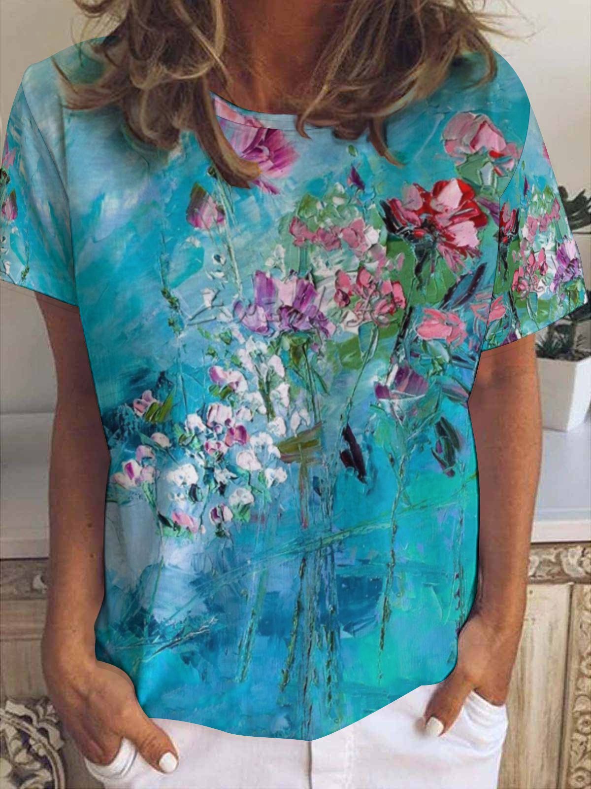 Casual Abstract Floral Print Crew Neck T-Shirt