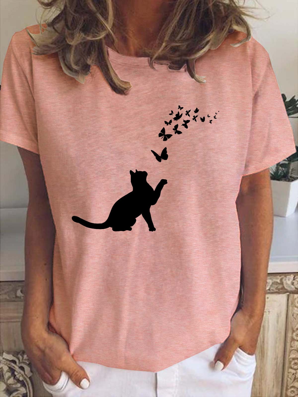 Casual Simple Butterfly Cat Print T-Shirt