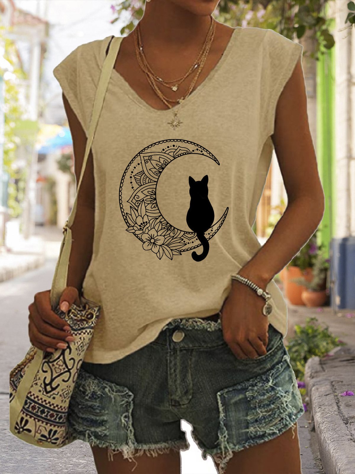 Casual Simple Cat Moon Print V-Neck Tank Top