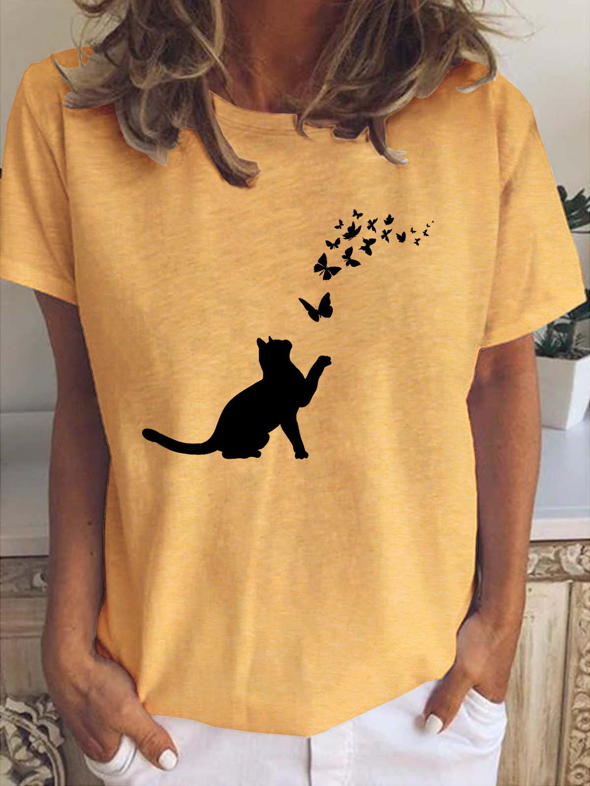 Casual Simple Butterfly Cat Print T-Shirt