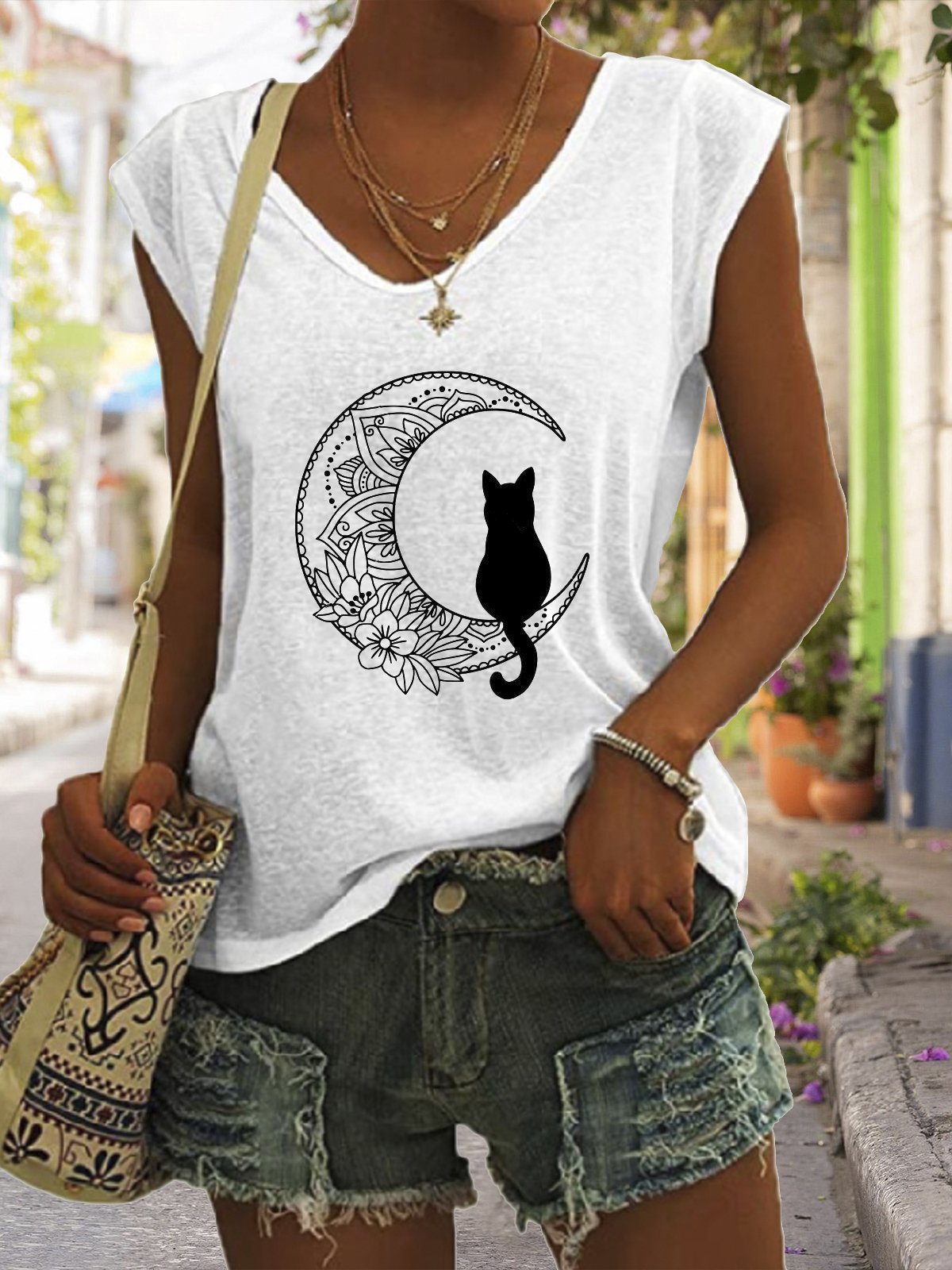 Casual Simple Cat Moon Print V-Neck Tank Top