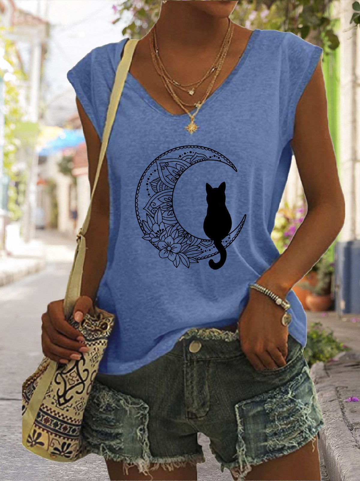 Casual Simple Cat Moon Print V-Neck Tank Top