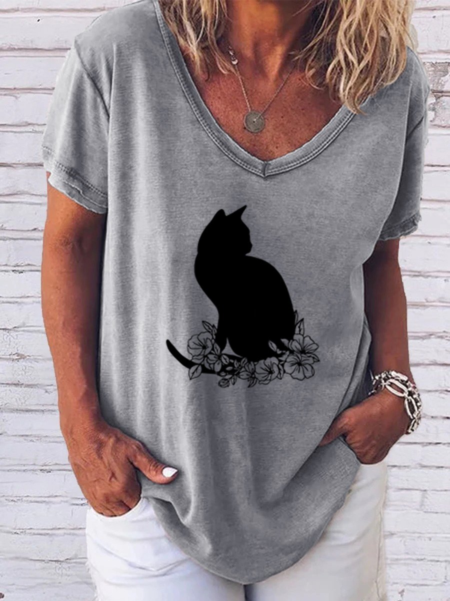 Casual Simple Cat Floral Print V-Neck T-Shirt