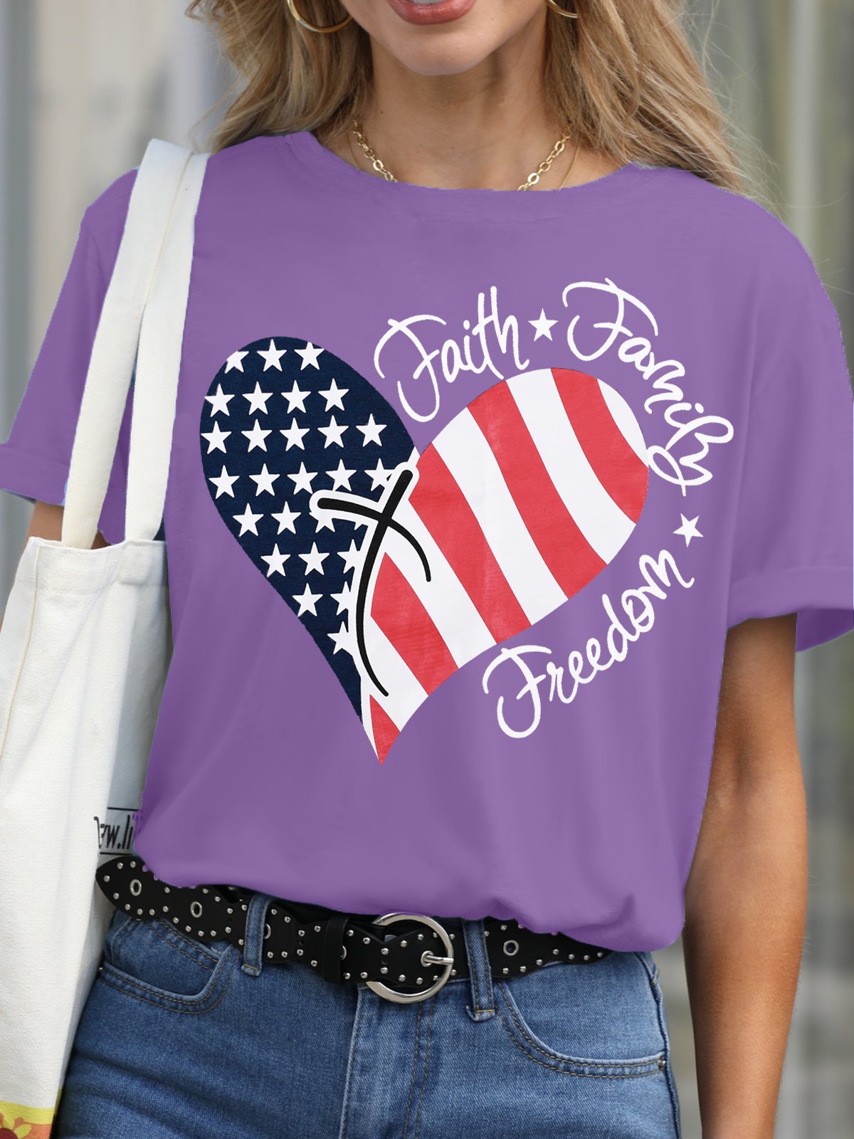 American Flag Faith Freedom Print Casual Short Sleeve T-Shirt