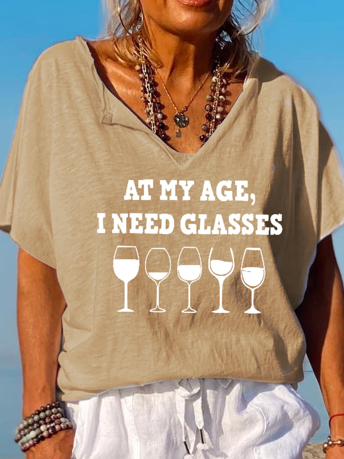 At My Age I Need Glasses Funny Letter Casual Short Sleeve T-Shirt