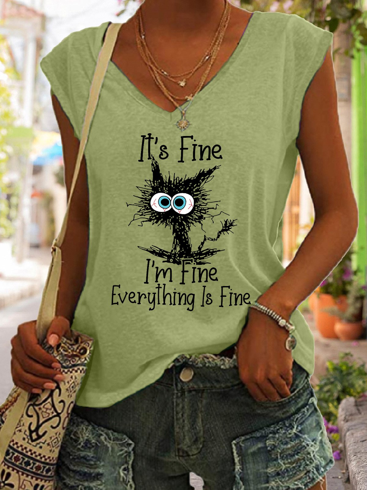 Funny I am Fine Letter Cotton Blends Casual Knit Tank