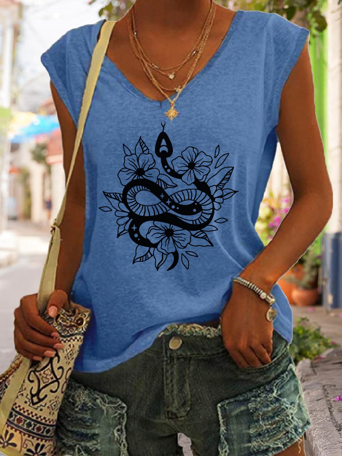 Casual Simple Snake Flower Print V-Neck Tank Top