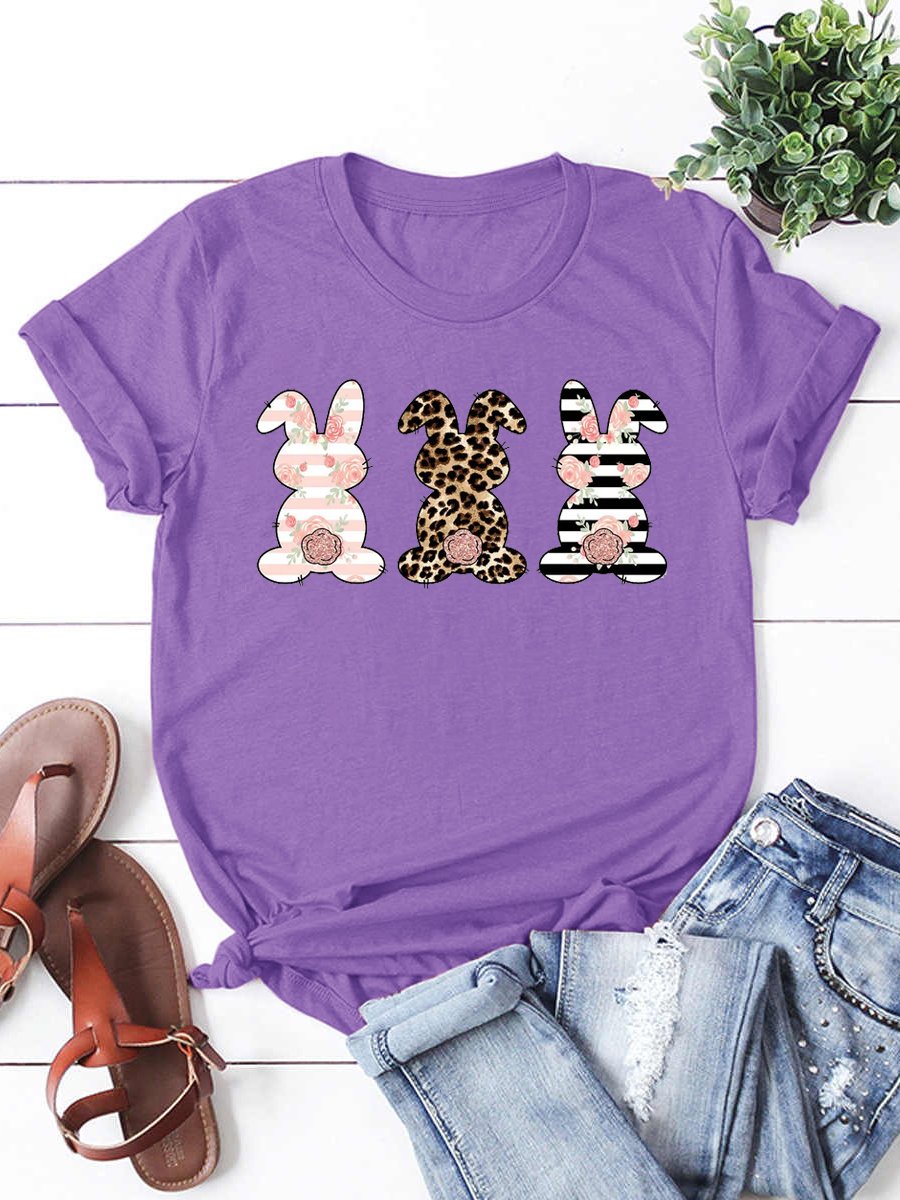 Leopard Easter Bunny Funny Print Casual Short Sleeve T-Shirt