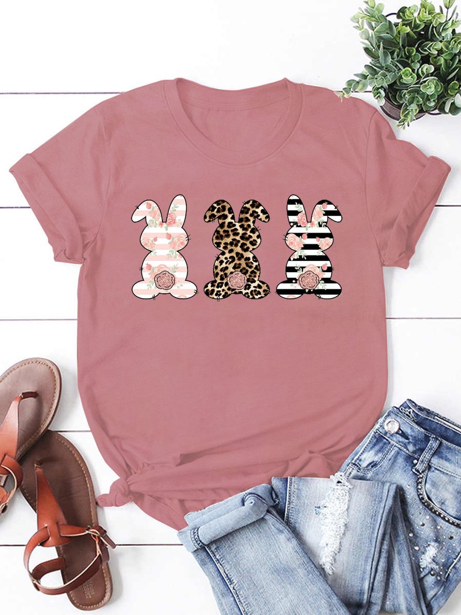 Leopard Easter Bunny Funny Print Casual Short Sleeve T-Shirt