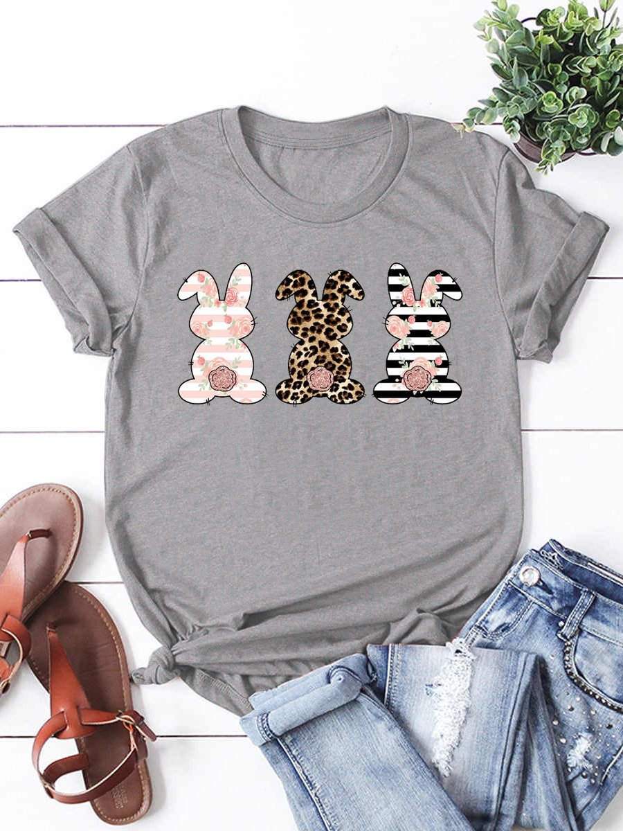 Leopard Easter Bunny Funny Print Casual Short Sleeve T-Shirt