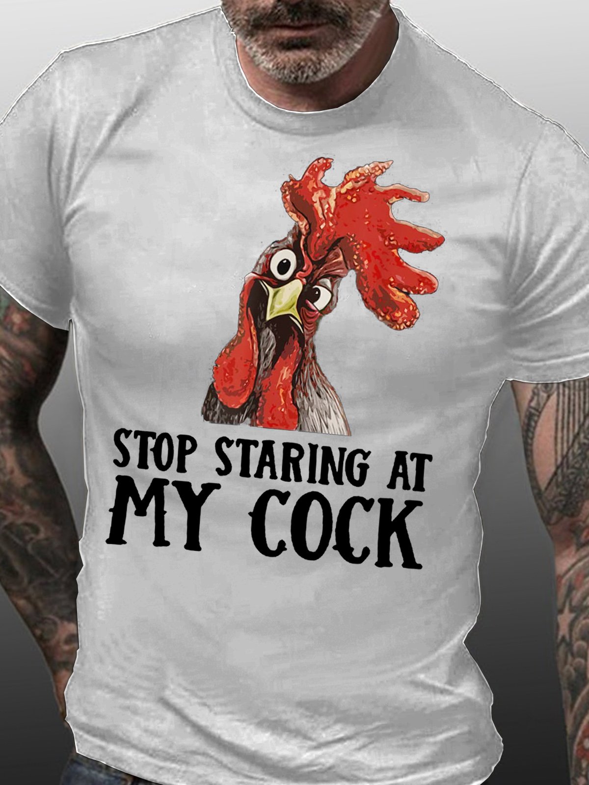 Stop Staring At My Cock Chicken Funny Men's Casual Short Sleeve T-Shirt